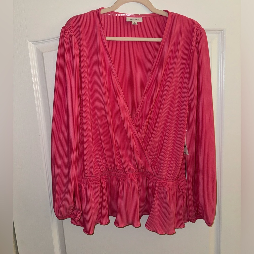 Brand: On 34th. Azalea Pink ribbed long sleeve blouse. Unworn, tags still on